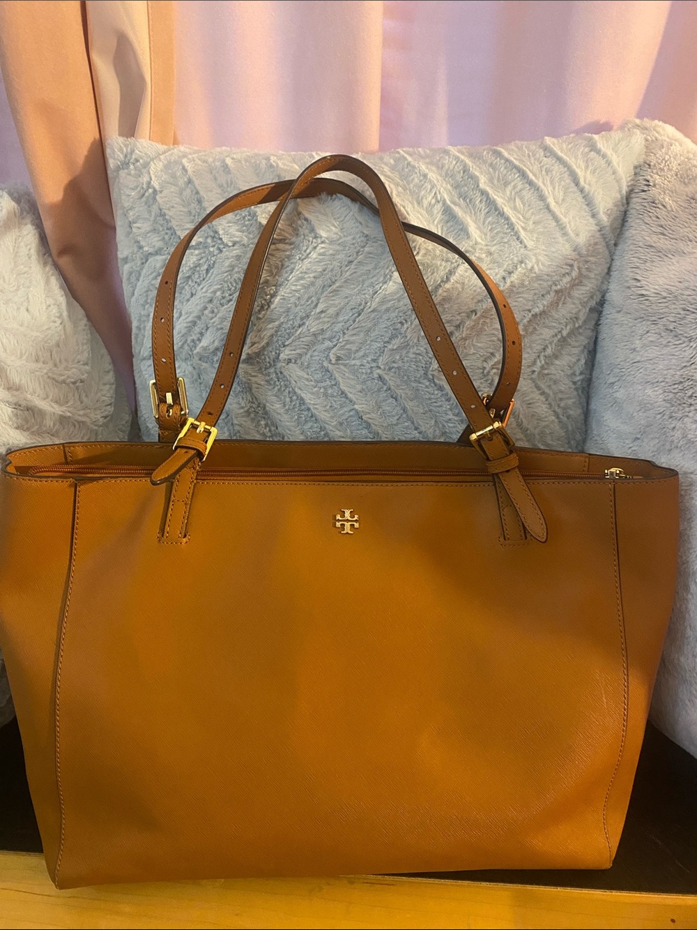 Tory Burch Cognac Leather Tote with Gold Logo. Good Used Condition.